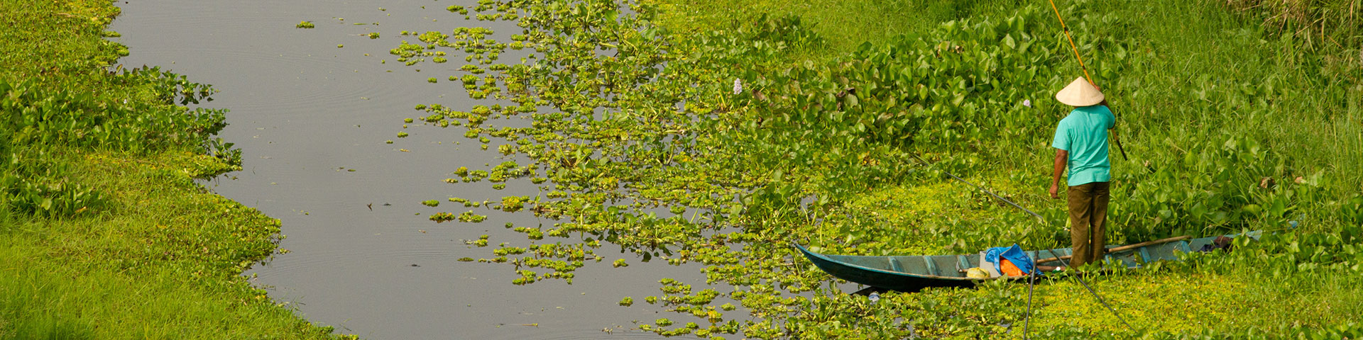 In einem Sumpf steht ein Mann in einem Kanu und hält eine Angel.