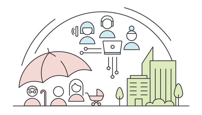Eine Illustration von Menschen unter einem Regenschirm.