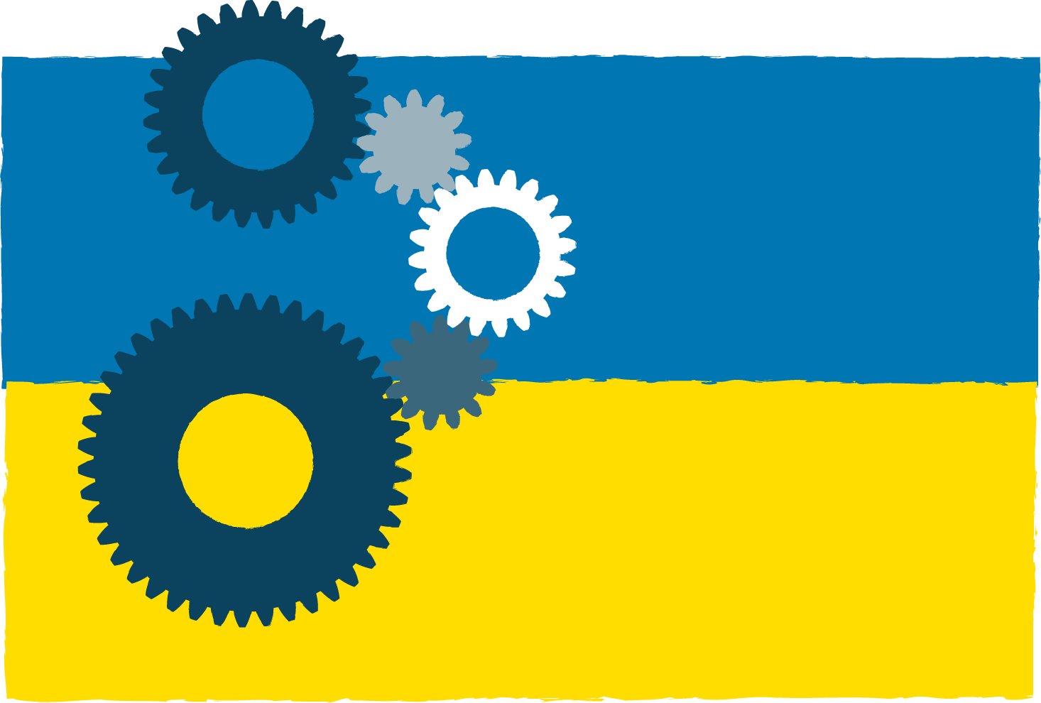 Ukrainische Flagge mit Zahnrädern.