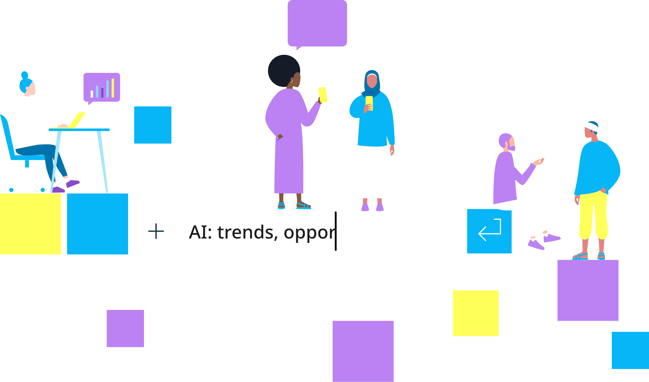 Illustration of six people engaging with digital tools and conversations around artificial intelligence, shown on a graphical interface with a search bar.