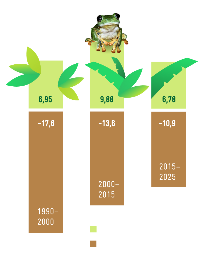 Ein Diagramm, das die Aufforstung und Abholzung von Wäldern in Millionen Hektar über drei Zeiträume darstellt: 1990-2000, 2000-2015 und 2015-2025. In jedem Zeitraum gibt es zwei Balken: der grüne Balken steht für Aufforstung, der braune Balken für Entwaldung.