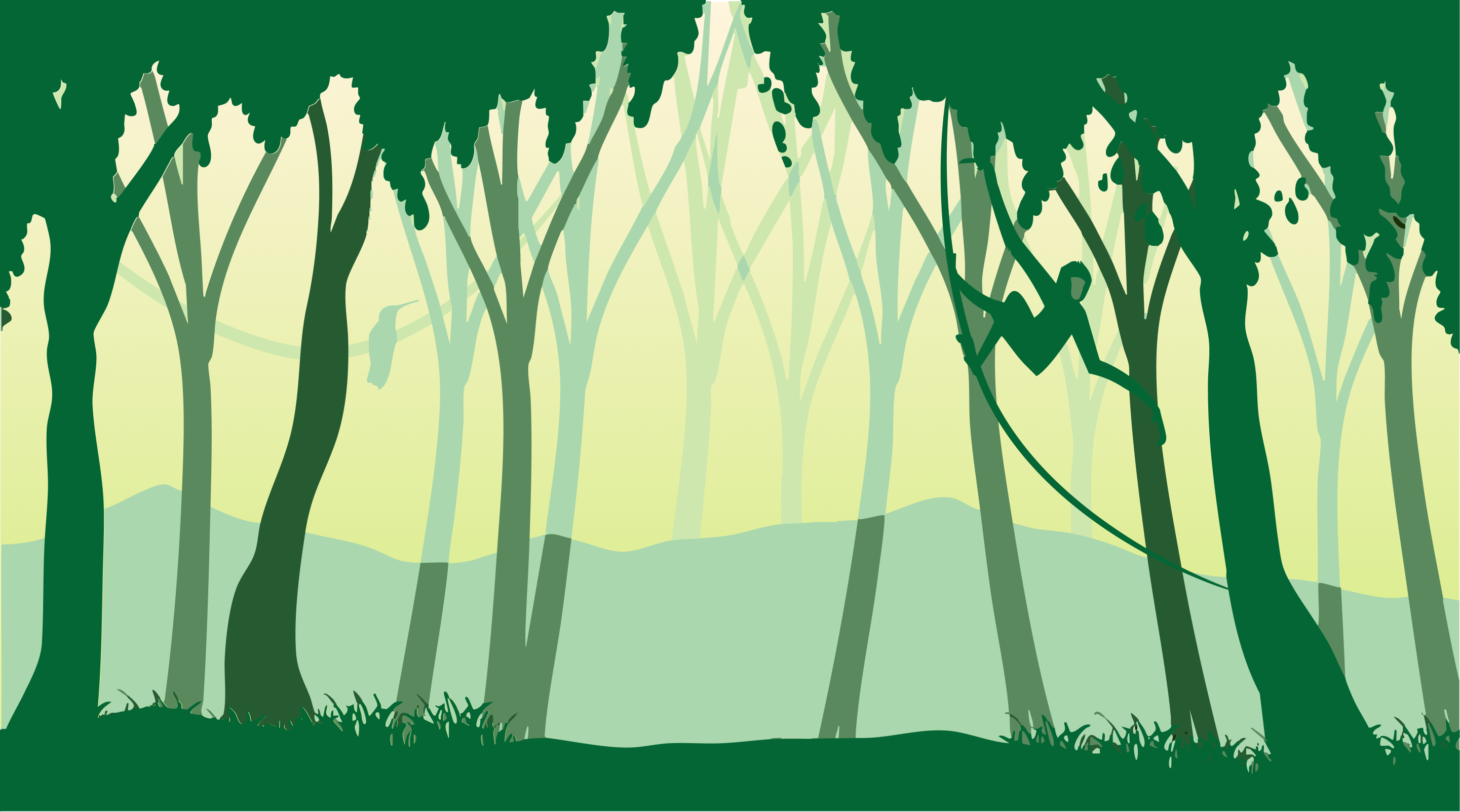 Illustration eines Waldes mit grünen Bäumen und einem gelb-grünen Hintergrund. Ein Affe schwingt sich an einem Baumzweig durch den Wald. Der Wald ist von vielen hohen, schlanken Bäumen geprägt.