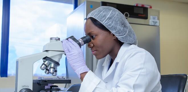 Wissenschaftlerin untersucht Proben an einem Mikroskop.