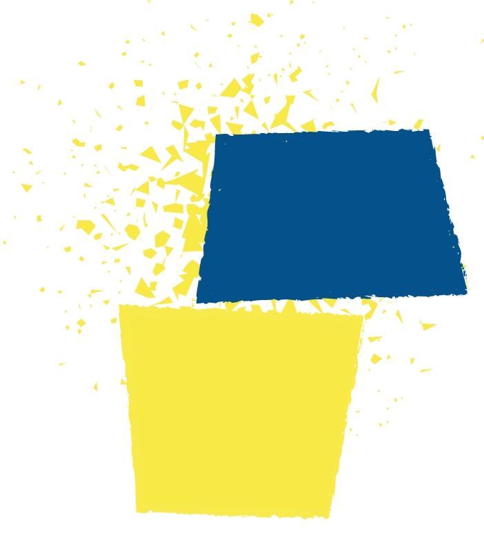 Abstract rectangular shapes in the colours of the Ukrainian flag, intended to represent building blocks.
