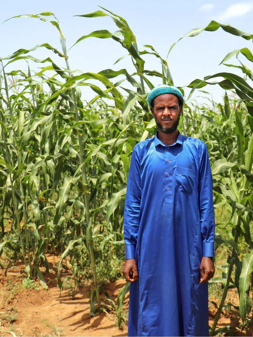 Man wearing a long blue robe stands in front of a cornfield for a portrait