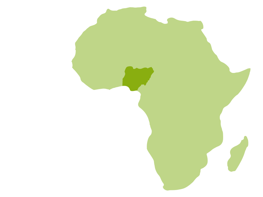 The continent of Africa is coloured light green, with only Nigeria coloured dark green.
