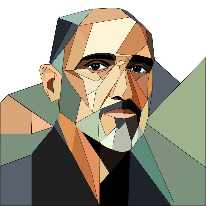 Polygonal portrait illustration of a man with a beard and a serious expression, consisting of colour-graded geometric shapes.