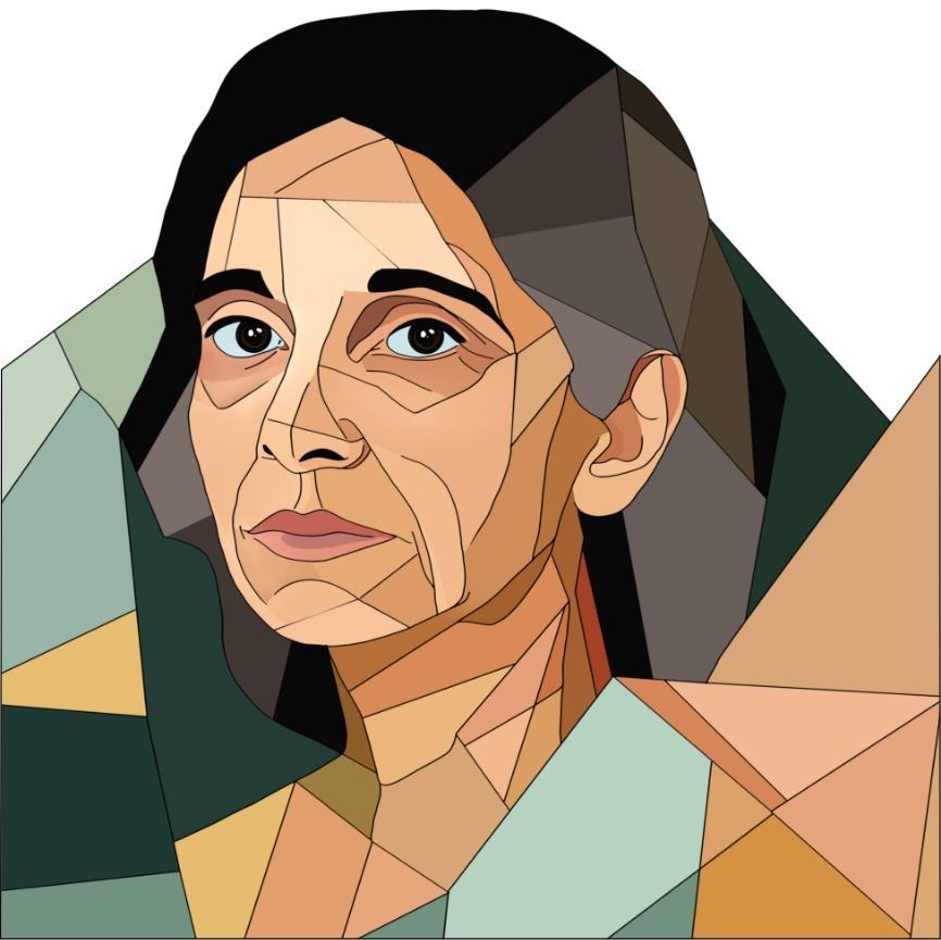 Polygonal illustration of an older face with a serious expression, consisting of geometric areas of colour in shades of beige, brown and green.