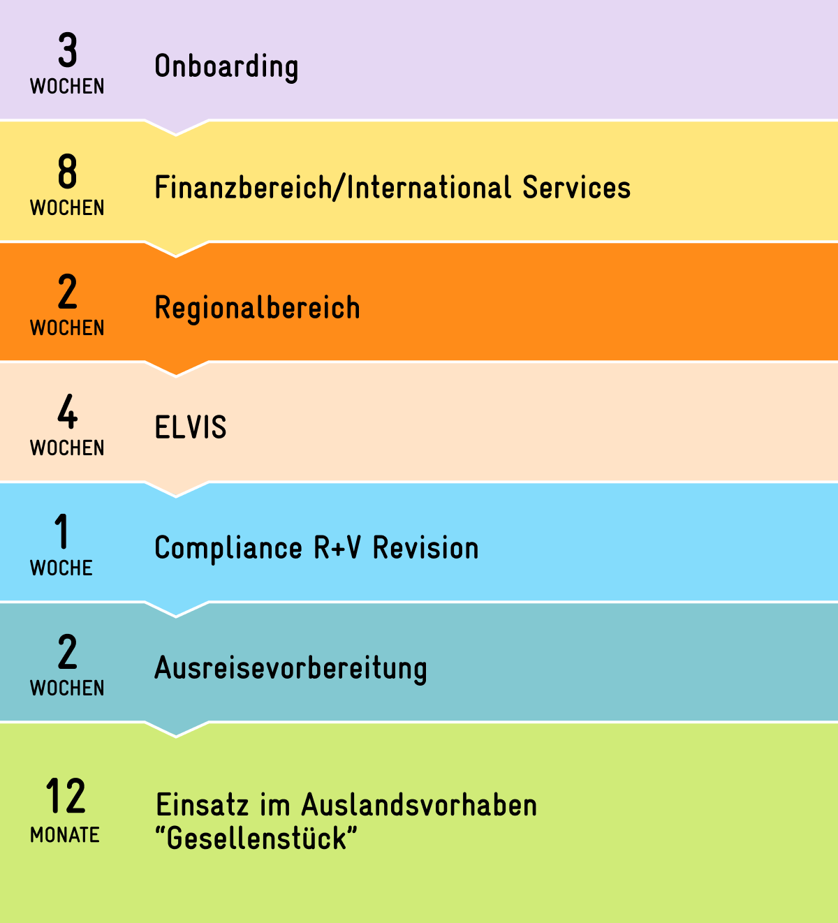 Grafik mit den Station des Trainee-Ausbildungsprogramms der GIZ. Es zeigt die sieben Stufen der Ausbildung