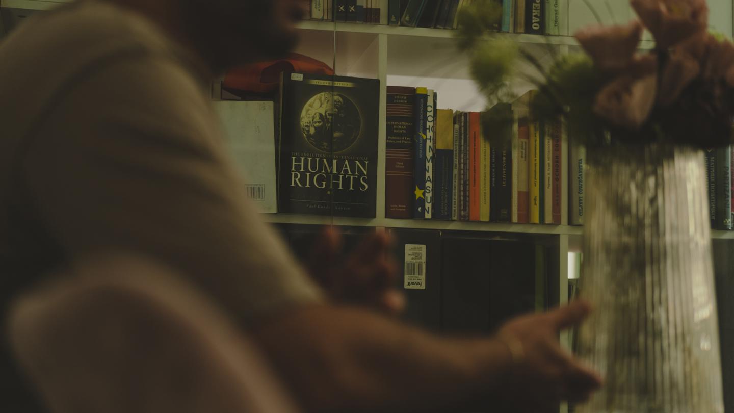 Blurry scene with a person in front of a bookshelf, where a book titled “Human Rights” is clearly visible.