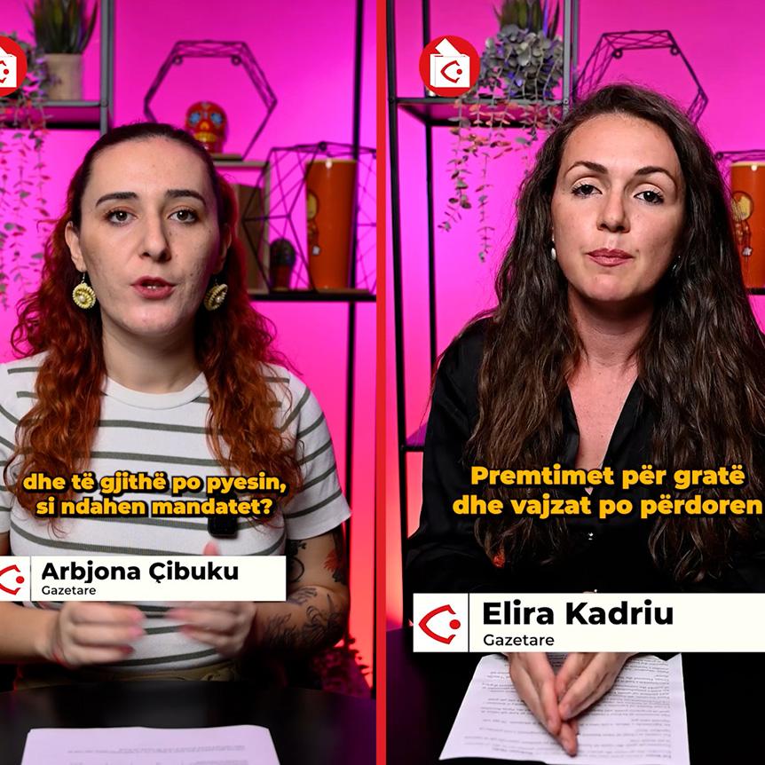 Zwei Frauen sitzen in einem pink beleuchteten Studio und sprechen direkt in die Kamera.