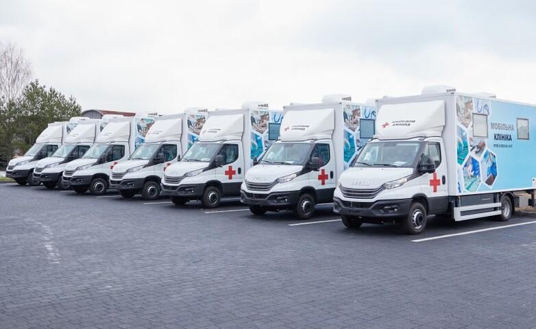 A row of mobile medical units parked in Ukraine to provide healthcare services to people in remote areas of local communities (hromadas).