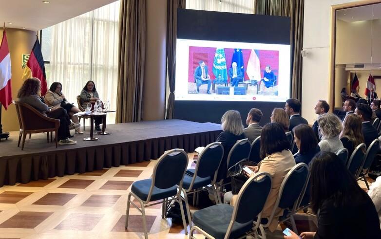 Meeting between Peru and Germany: officials in a room in Peru with a screen showing officials in a room in Germany.