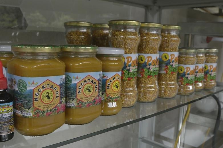 Bee products such as honey and pollen on a shelf.