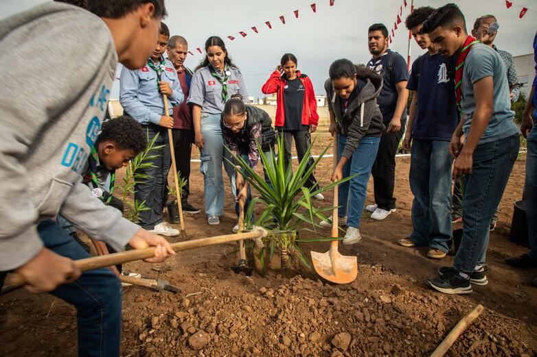 A crowd of people gathering to plant trees in a municipality.