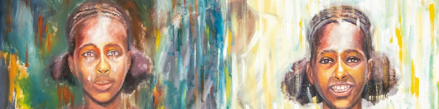 A painting showing the transition of a sad young woman to a happy one.