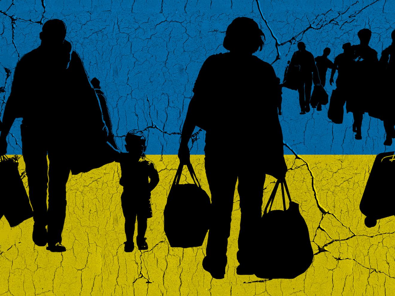 Illustration with the Ukrainian flag in the background showing fleeing people as black shadows.