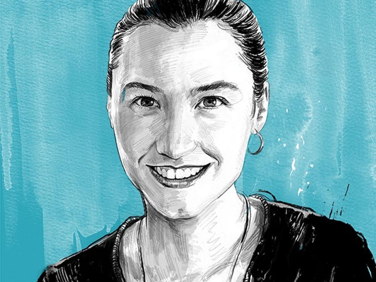 Eine handgezeichnete Porträtillustration einer lächelnden Frau mit zurückgebundenem Haar vor einem türkisfarbenen Hintergrund.