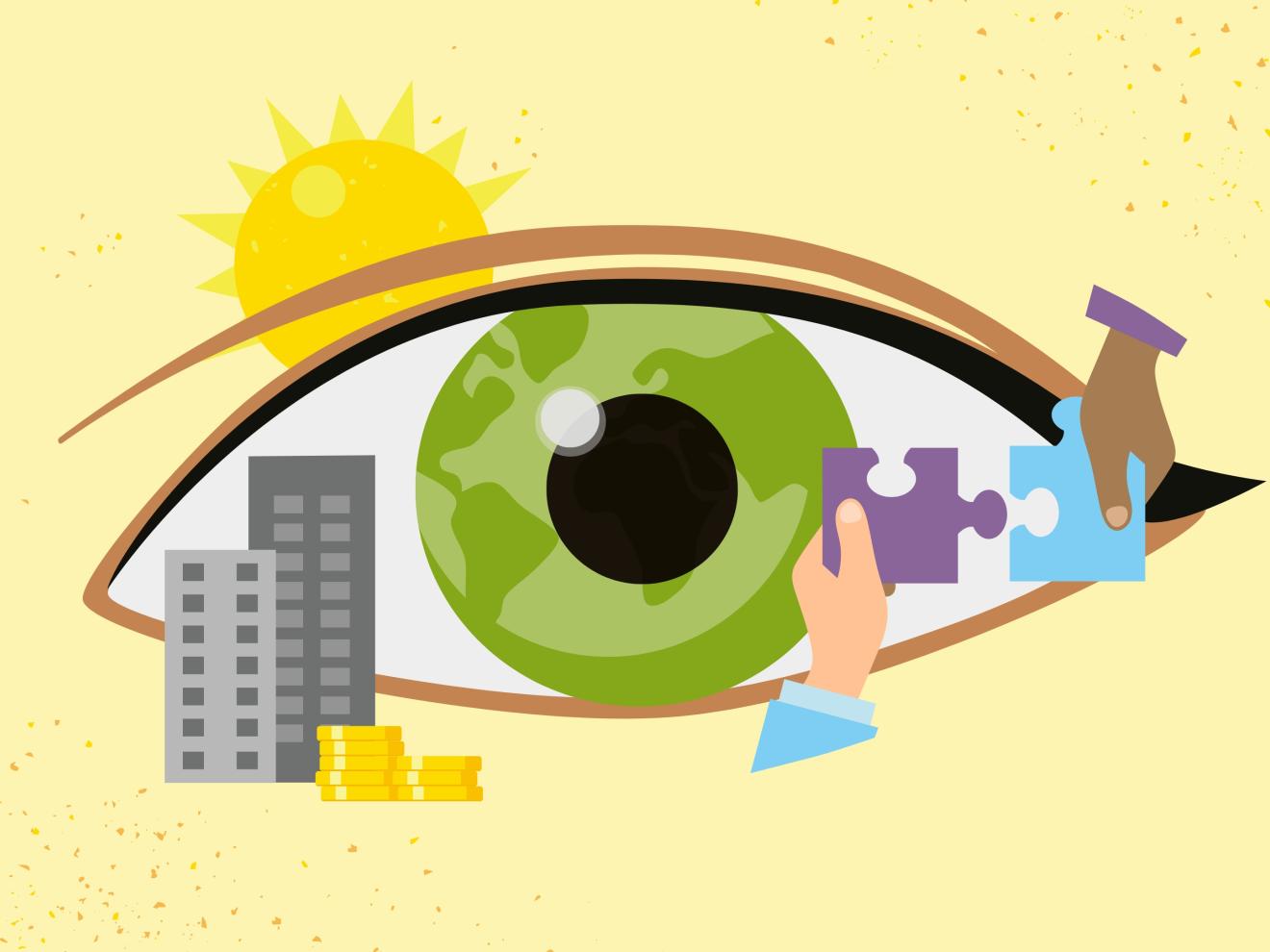 Illustration eines grossen Auges mit einer grünen Weltkarte in der Iris. Um das Auge herum befinden sich verschiedene Elemente: links Gebäude und gestapelte Münzen, rechts zwei Hände mit Puzzleteilen und im Hintergrund oben eine Sonne.