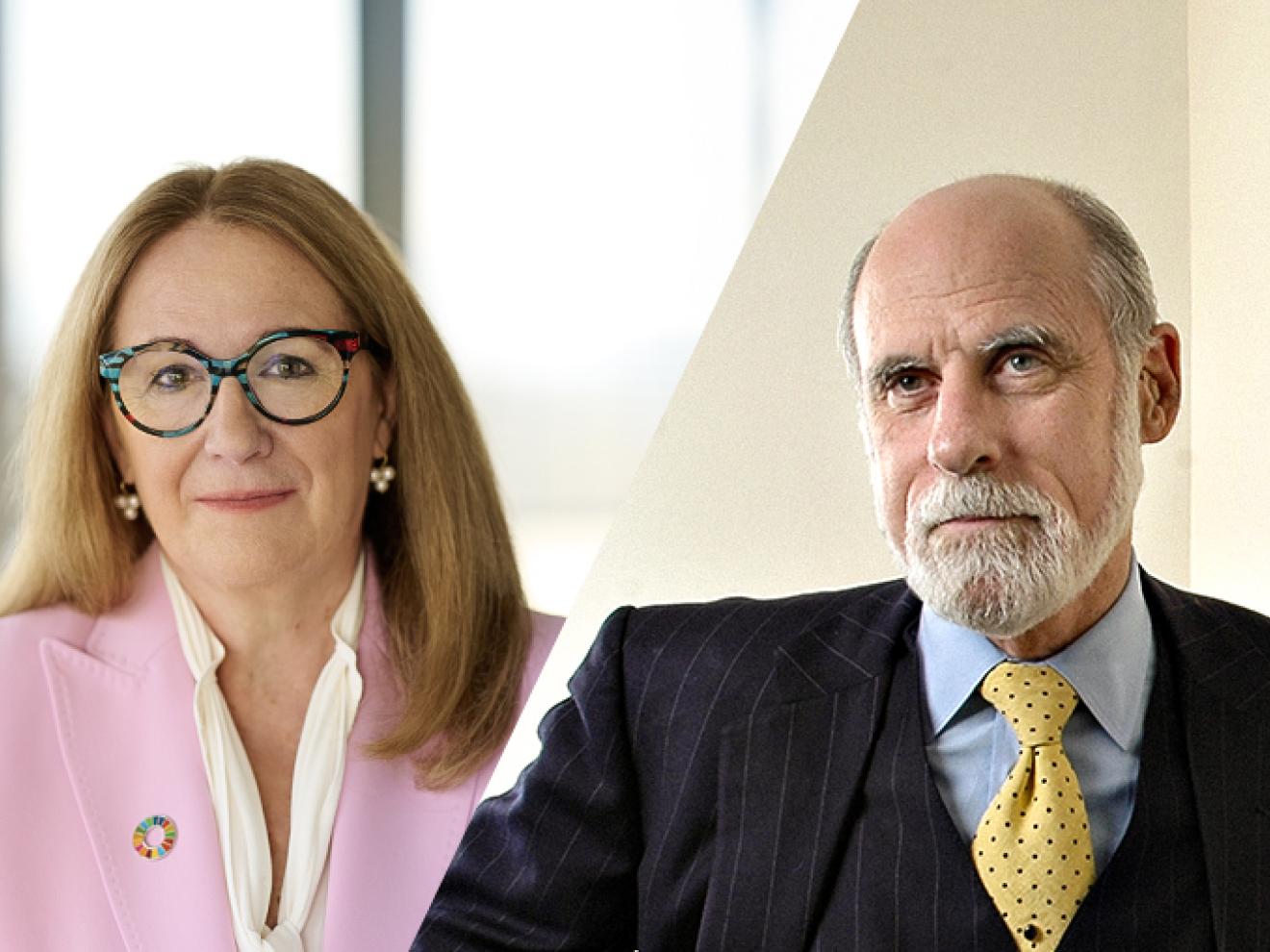 Geteiltes Porträtbild einer Frau in rosa Jacke und eines Mannes im Nadelstreifenanzug mit gelber Krawatte, beide vor hellem Hintergrund.