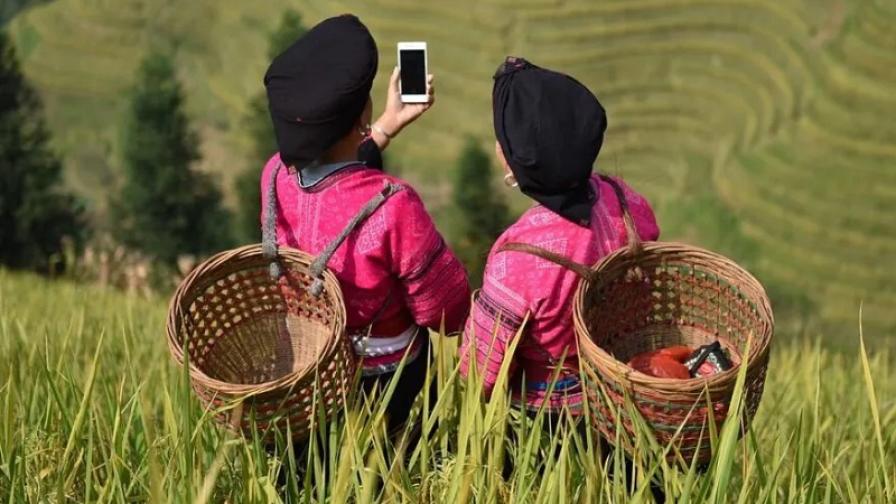 Two people with baskets on their backs are standing in a field. One person is holding a smartphone in their hand.