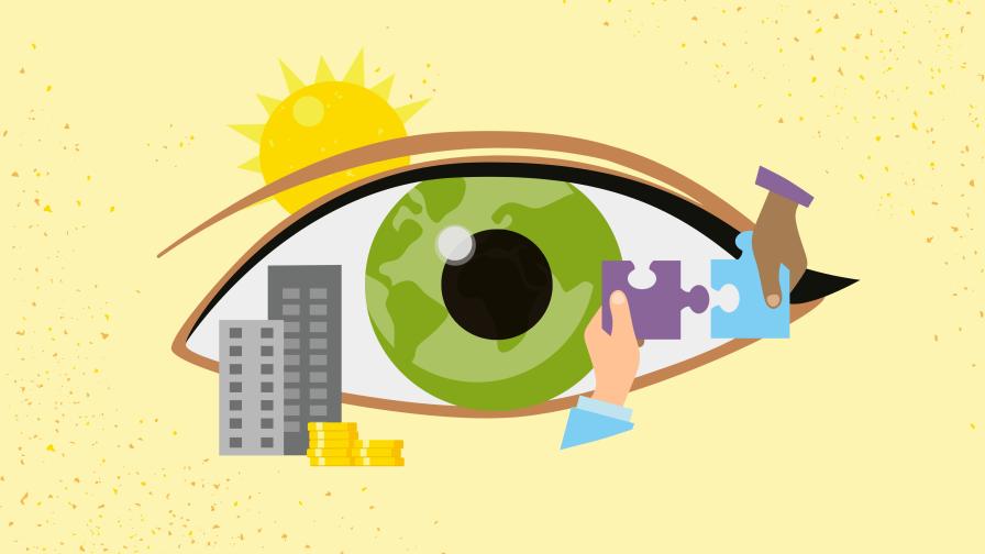 Illustration eines grossen Auges mit einer grünen Weltkarte in der Iris. Um das Auge herum befinden sich verschiedene Elemente: links Gebäude und gestapelte Münzen, rechts zwei Hände mit Puzzleteilen und im Hintergrund oben eine Sonne.