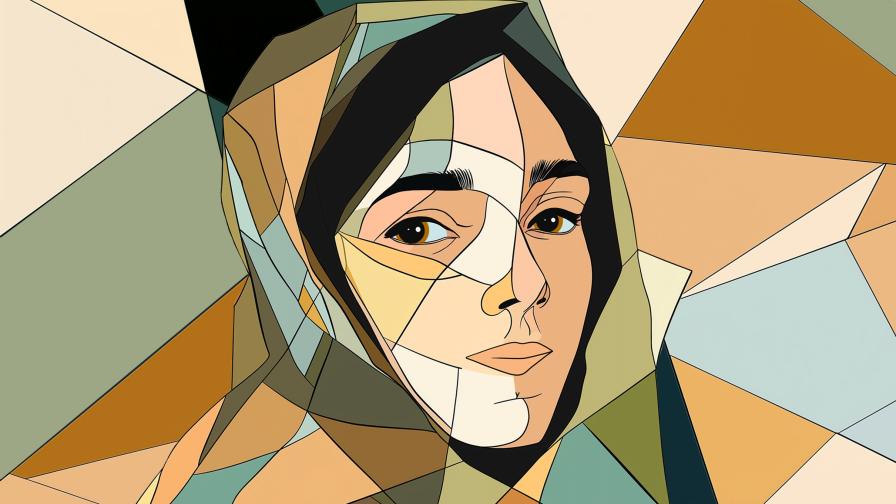 Illustration einer Frau fragmentierte grafische Flächen