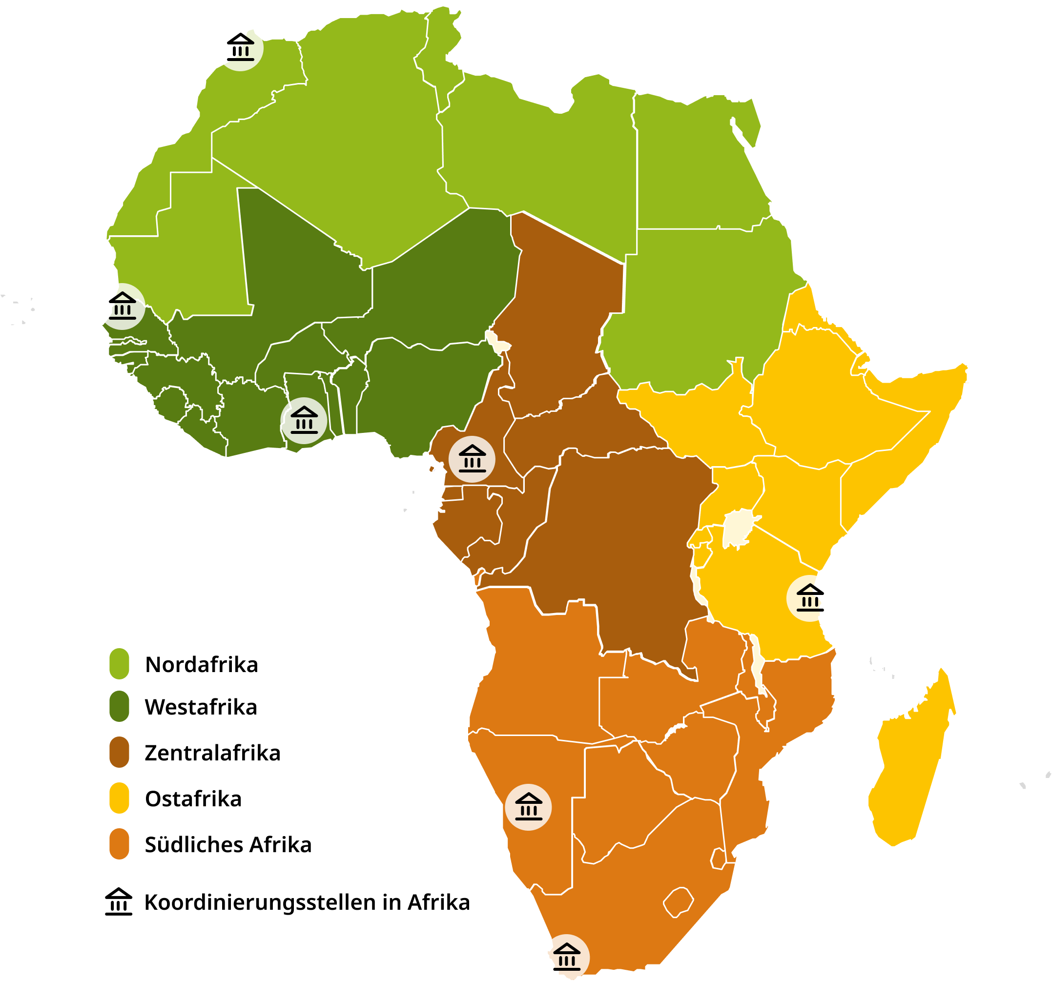 Farbige Karte Afrikas mit fünf Farbstufen zur Kennzeichnung regionaler Gruppen und Symbolen für Institutionen in verschiedenen Ländern.