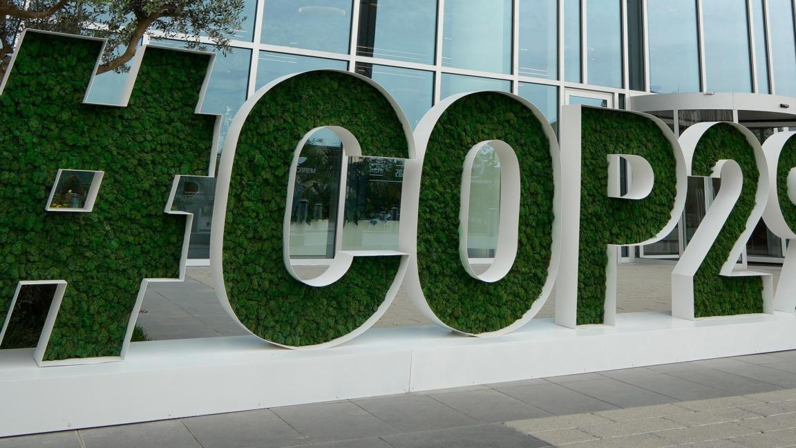 Das Bild zeigt ein großes "COP29"-Schild, dessen Buchstaben mit grünen Pflanzen gefüllt sind, vor einem modernen Glasgebäude.
