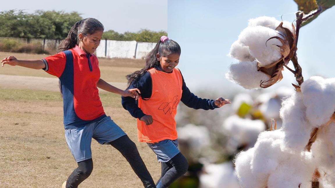 Photomontage of two girls playing football and a cotton plant