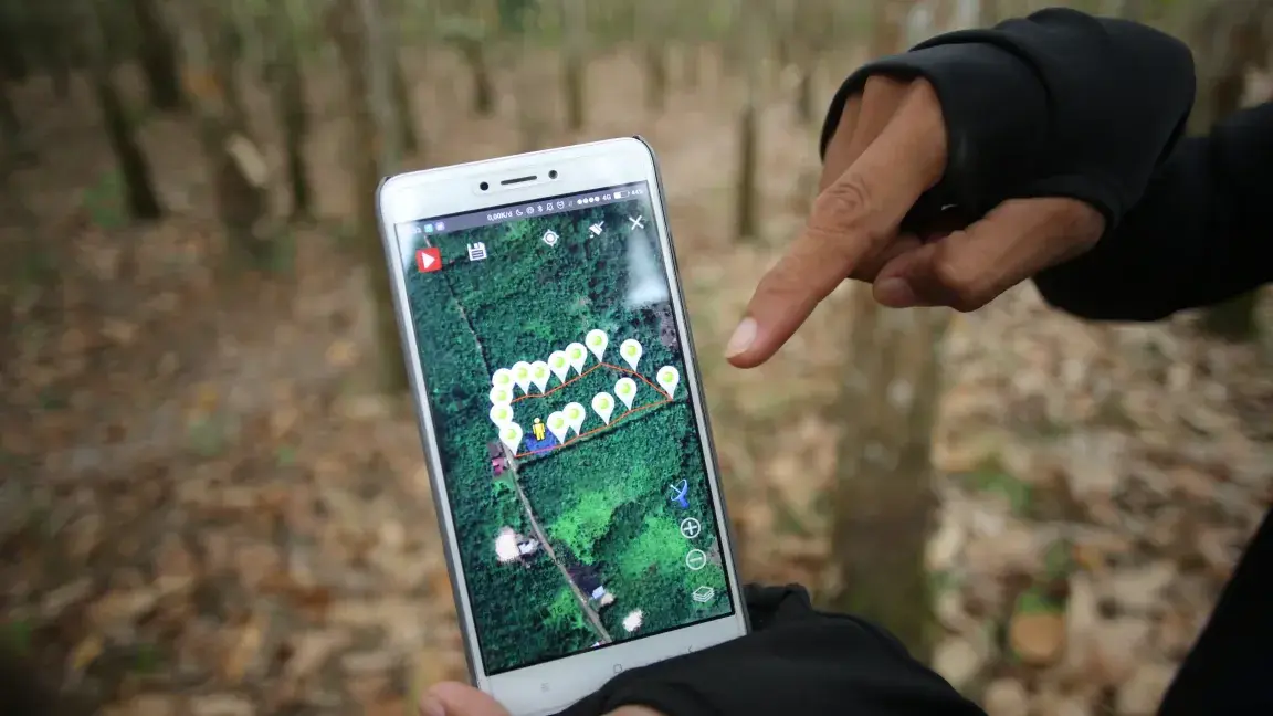 Handybildschirm zeigt digitales Rückverfolgungssystem von Kautschuk (Indonesien)