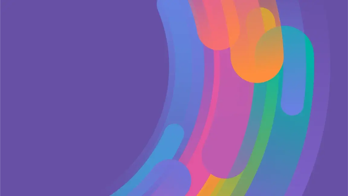 Abstrakte Grafik mit violettem Hintergrund und farbigen geschwungenen Linien.