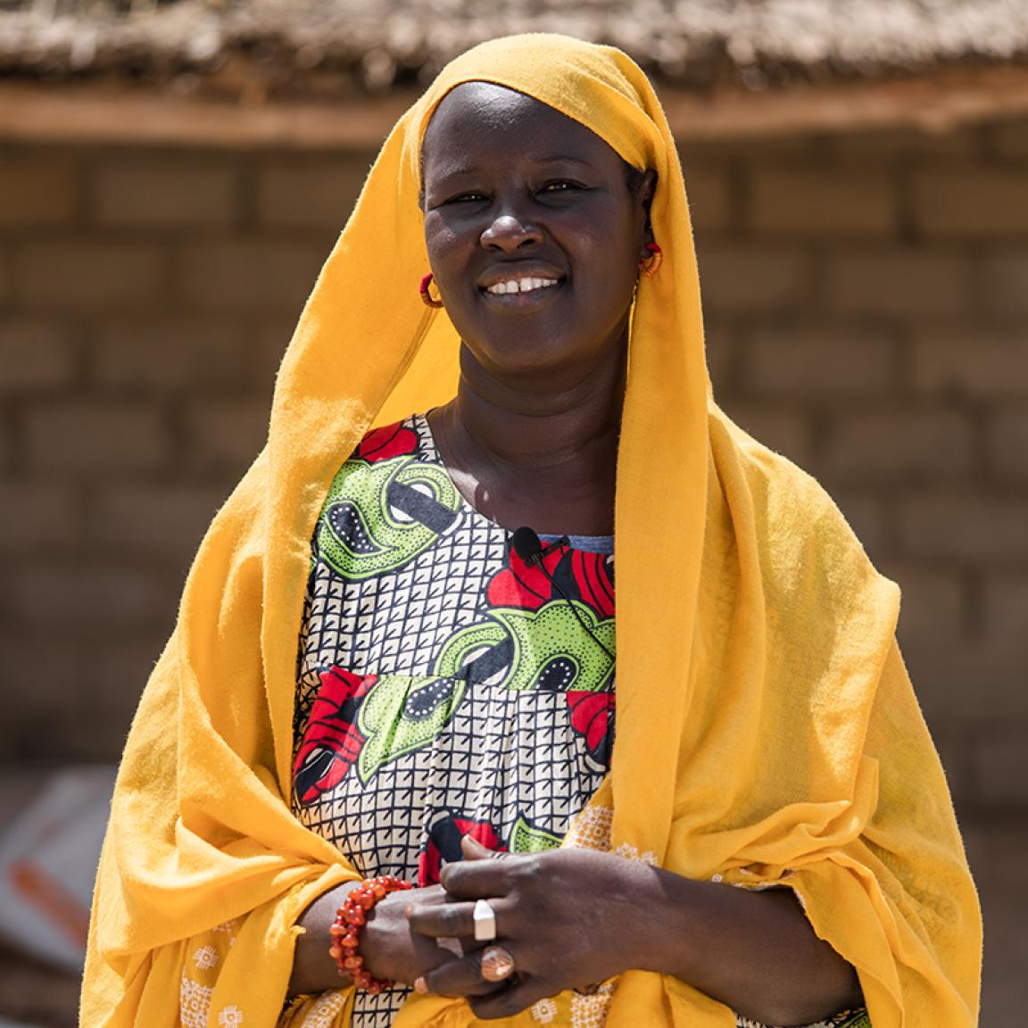 A woman in colourful clothing