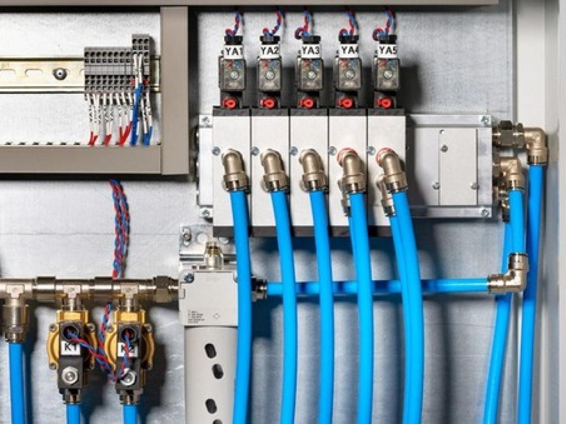 Nahaufnahme einer industriellen Maschine mit silbernen Rohrleitungen, Ventilen und metallischen Komponenten.