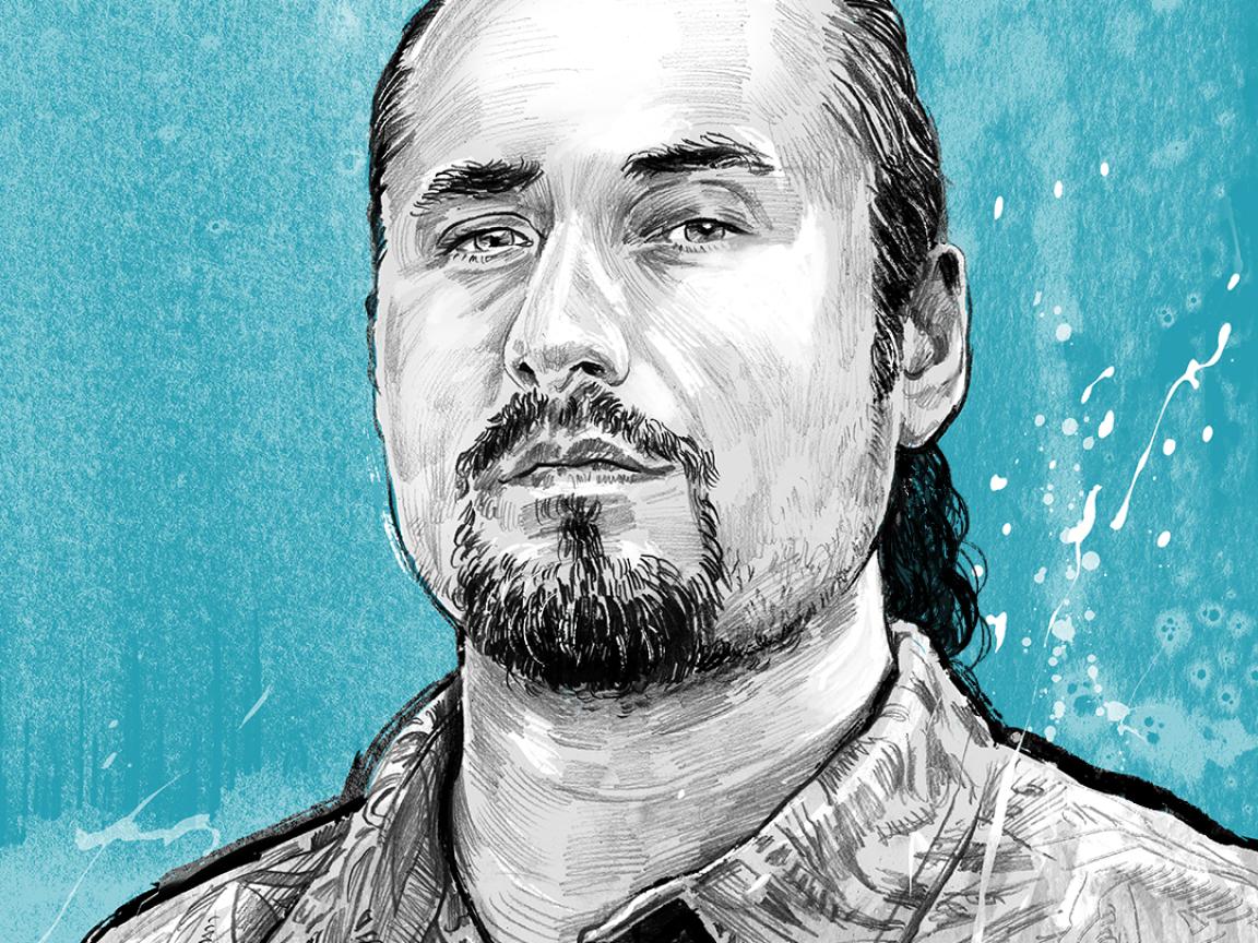 Illustration eines Mannes mit zurückgebundenem Haar, Bart und Schnurrbart, der ein gemustertes Hemd trägt und ernst in die Kamera blickt, vor einem türkisfarbenen Aquarellhintergrund.