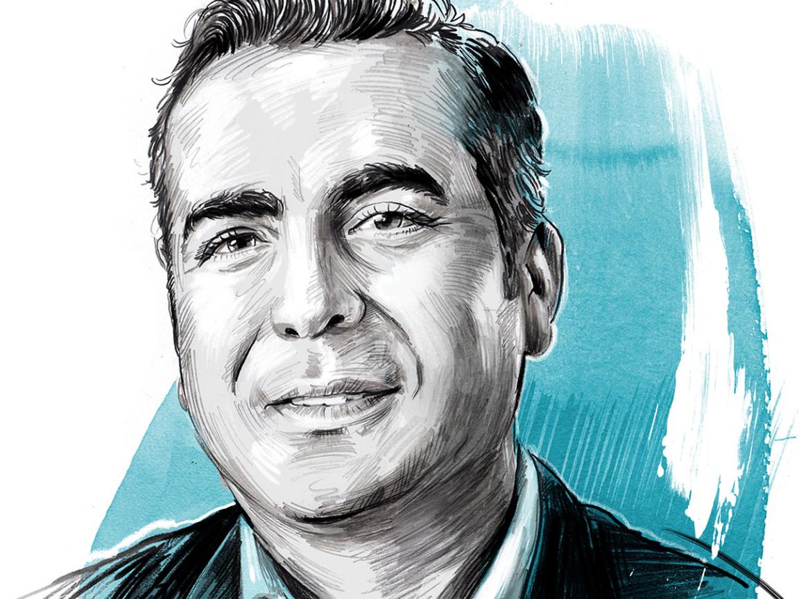 Portrait of a man in a sketchy style with blue accents