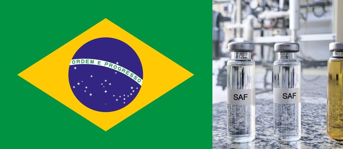 The left half of the image shows the Brazilian flag, while on the right, three small bottles labelled ‘SAF’ stand in front of a blurred industrial background.