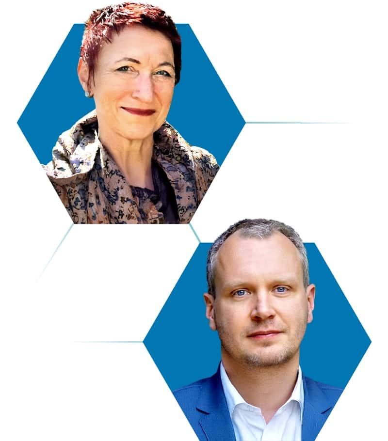 Two portraits, one of a woman with short red hair and one of a man with short light hair, are arranged in blue hexagons against a white background.