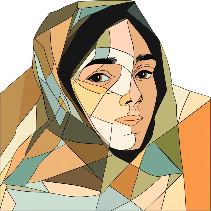 Polygonal portrait illustration of a young woman wearing a headscarf, stylised in geometric shapes in shades of ochre, beige and green.
