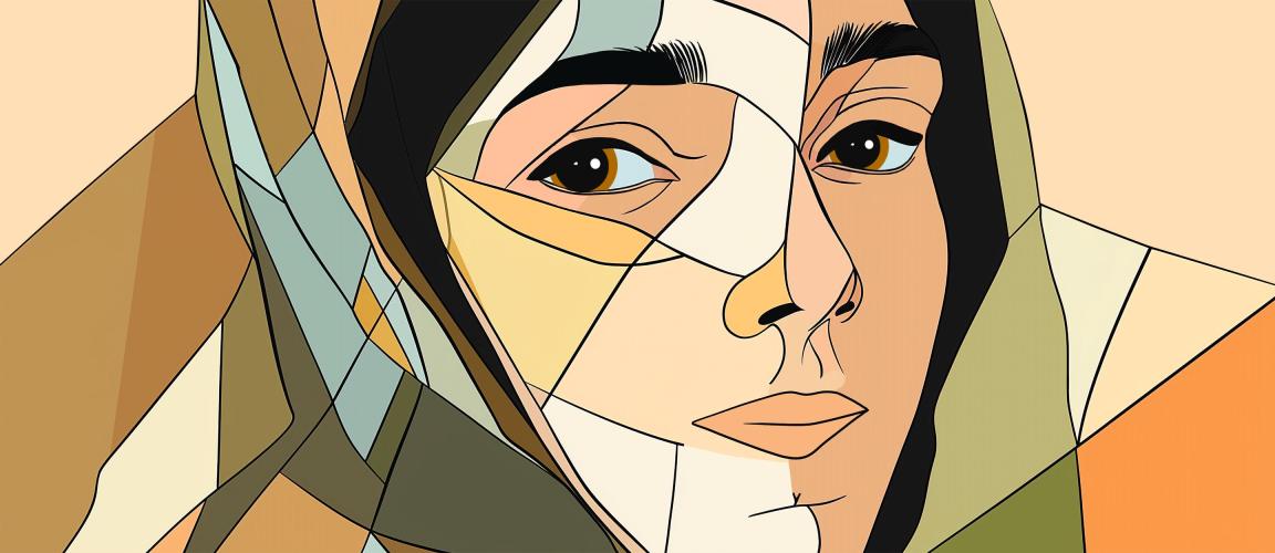Polygonal portrait illustration of a young woman wearing a headscarf, stylised in geometric shapes in shades of ochre, beige and green.