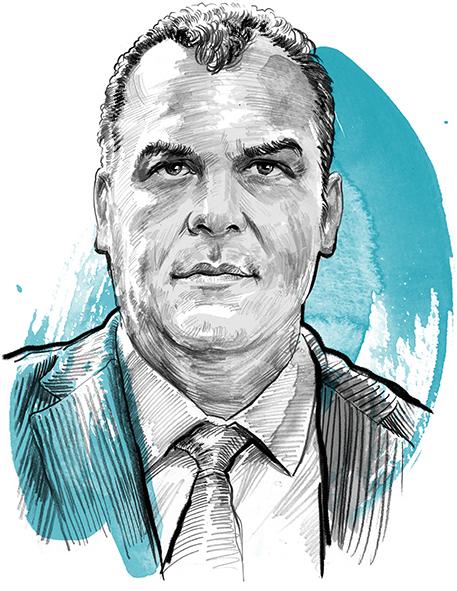 Portrait of a man in a sketchy style with blue accents