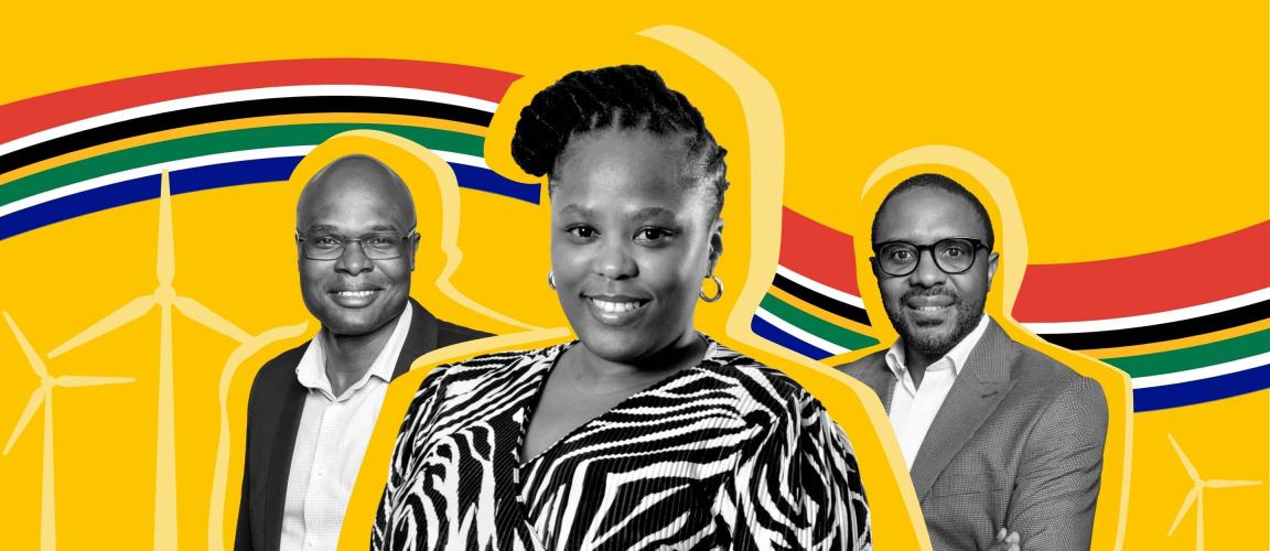 Drei Personen vor einem gelben Hintergrund mit Windrädern und südafrikanischen Flaggenfarben, zentral eine Frau mit Zebra-Muster-Kleidung.