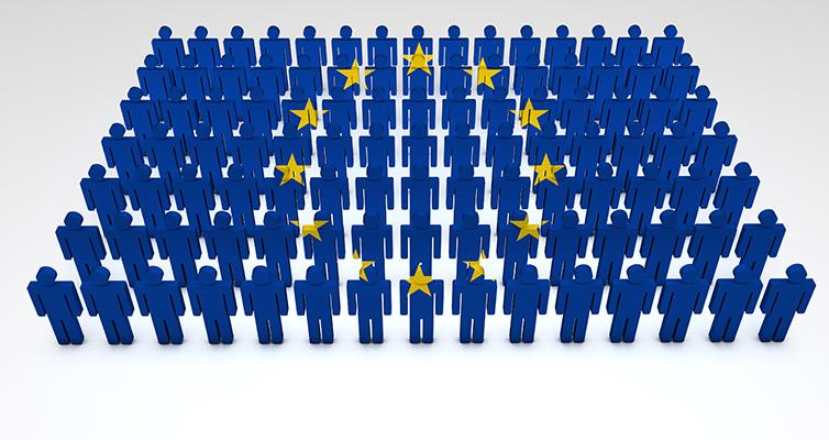 Many human symbols are lined up in a rectangle. The European Union flag is depicted.