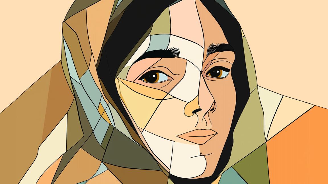 Colorful abstract portrait of a woman wearing a headscarf in geometric style.