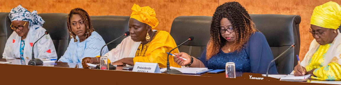Frauen an einem Konferenztisch mit Mikrofonen.
