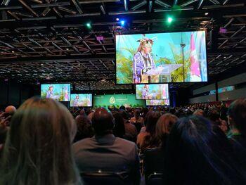 An indigenous person speaking from the podium at the UN Biodiversity Conference 2022. Copyright: GIZ