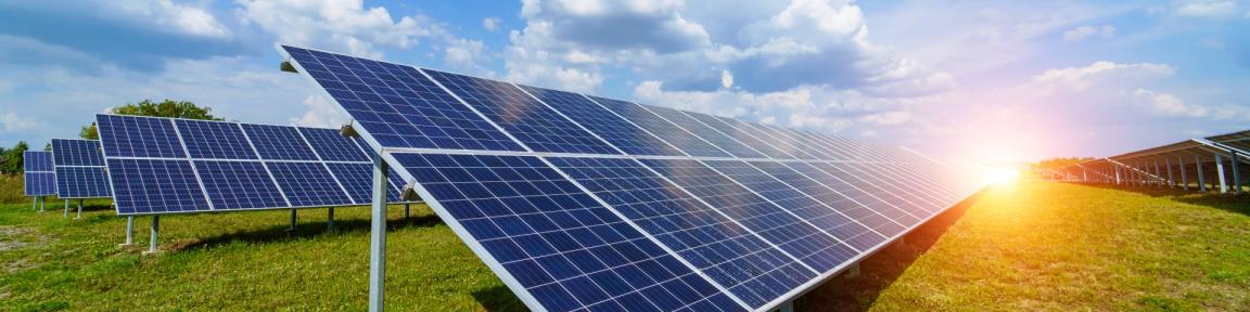 Atardecer sobre una pradera en la que se han instalado varias filas de paneles solares.