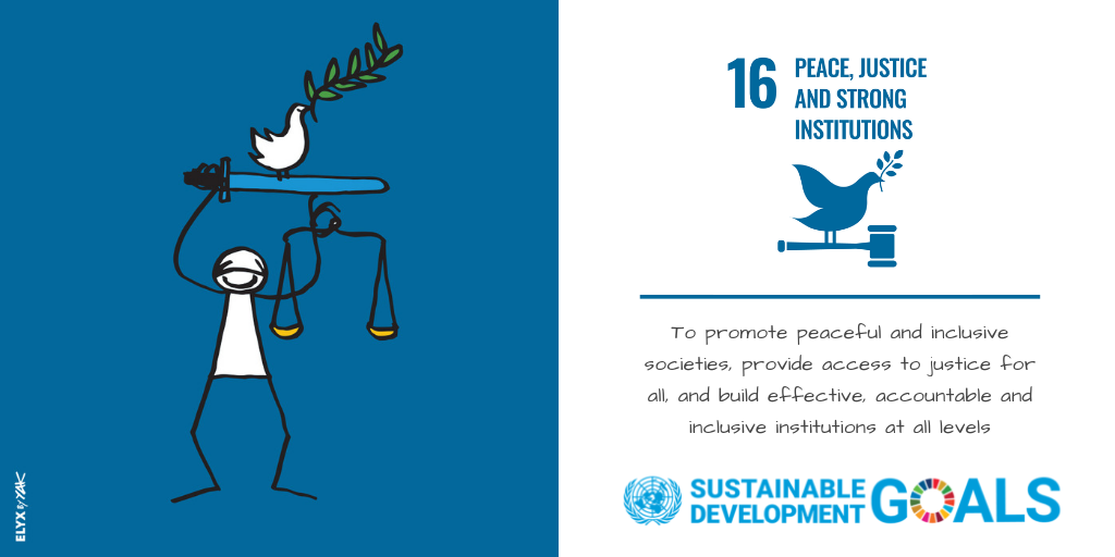 Eine Grafik bestehend aus zwei Hälften. Auf der linken Seite steht ein Strichmännchen vor blauem Hintergrund. In der einen Hand hält es eine Waage, in der anderen Hand ein Schwert, das es über den Kopf hält. Auf dem Schwert sitzt eine weiße Taube mit einem grünen Zweig im Schnabel. 