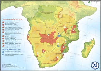 Eine Karte vom südlichen Afrika mit markierten Schutzgebieten.