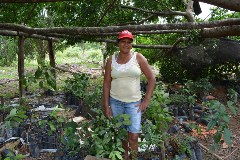 Eine Frau steht im nördlichen Mato Grosso bei den ersten Pfeilern eines Hauses.